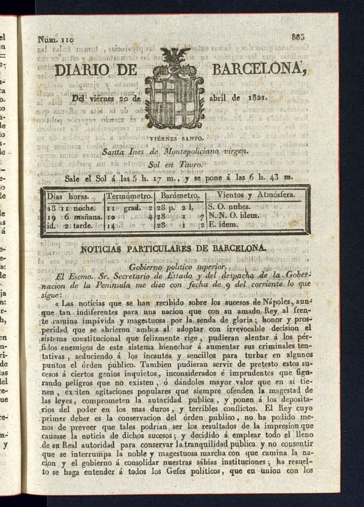 Miniatura de Diario de Barcelona del 20 de abril de 1821