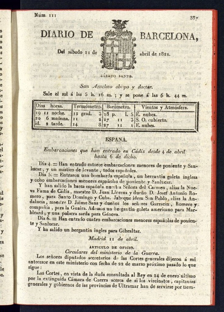 Miniatura de Diario de Barcelona del 21 de abril de 1821