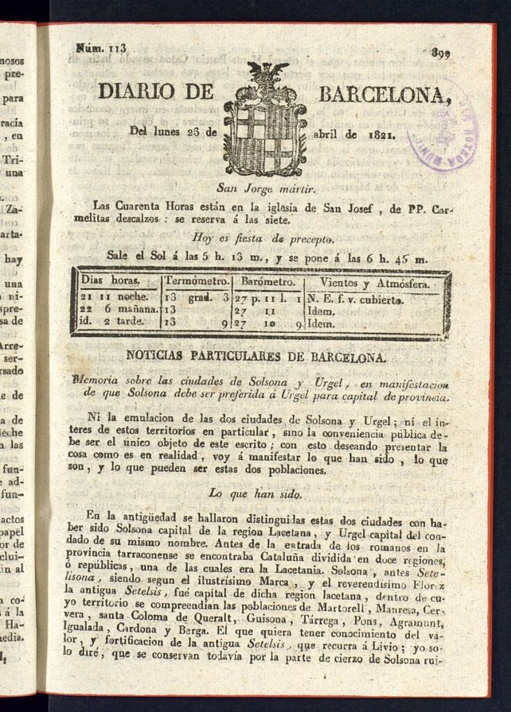 Miniatura de Diario de Barcelona del 23 de abril de 1821