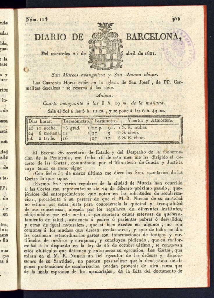 Miniatura de Diario de Barcelona del 25 de abril de 1821