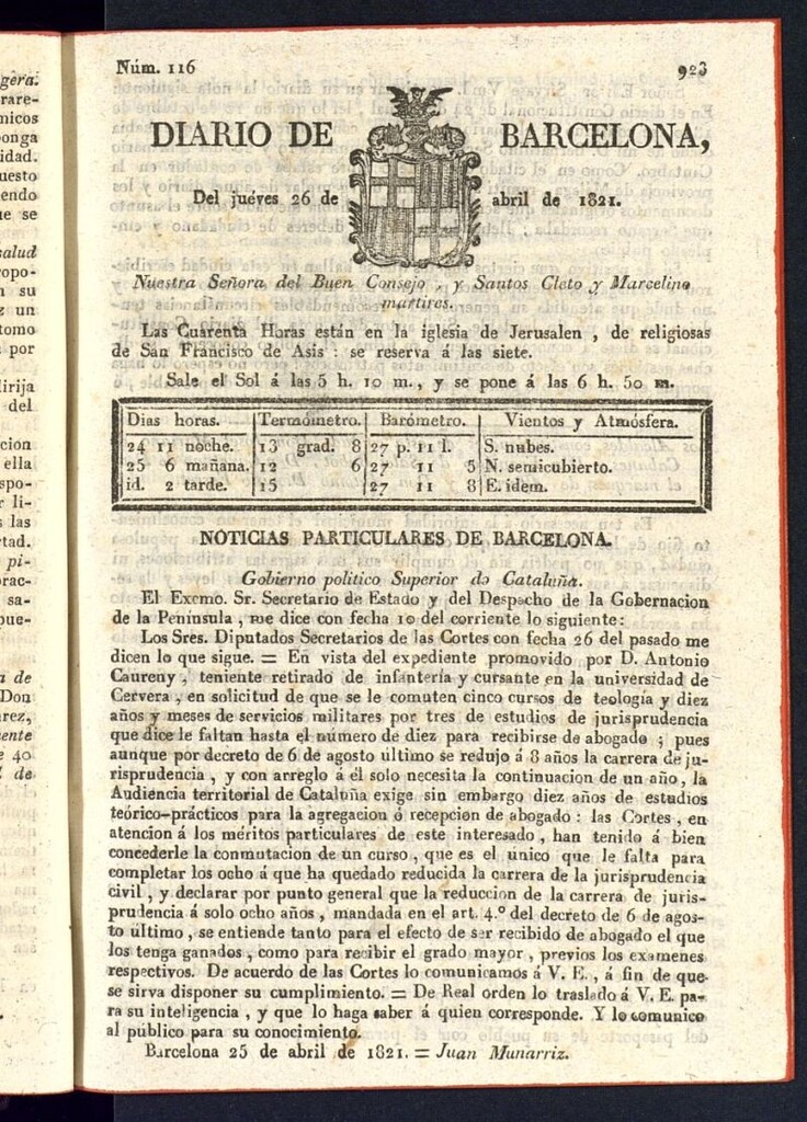 Miniatura de Diario de Barcelona del 26 de abril de 1821