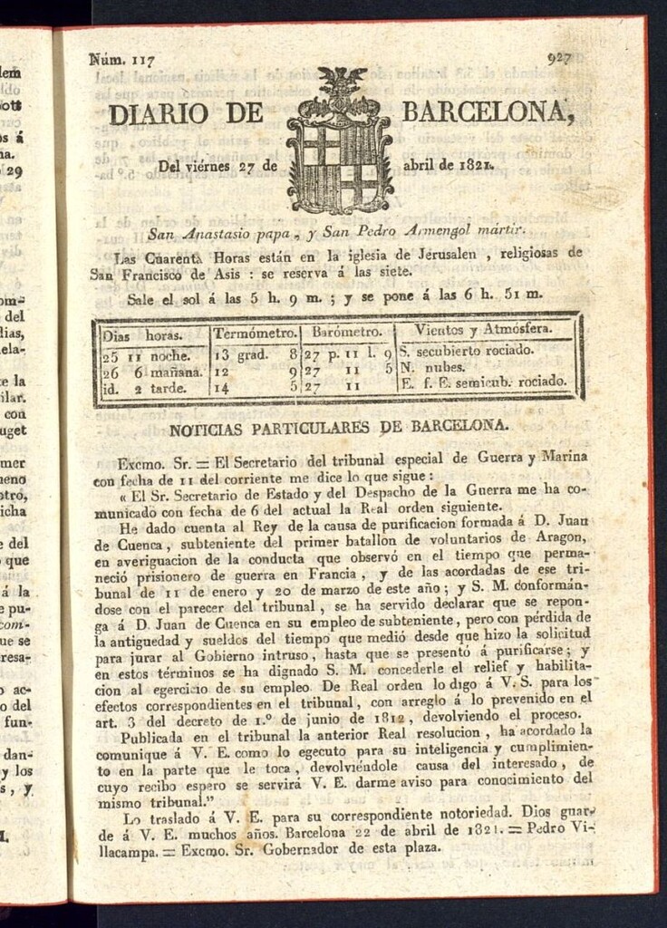 Miniatura de Diario de Barcelona del 27 de abril de 1821