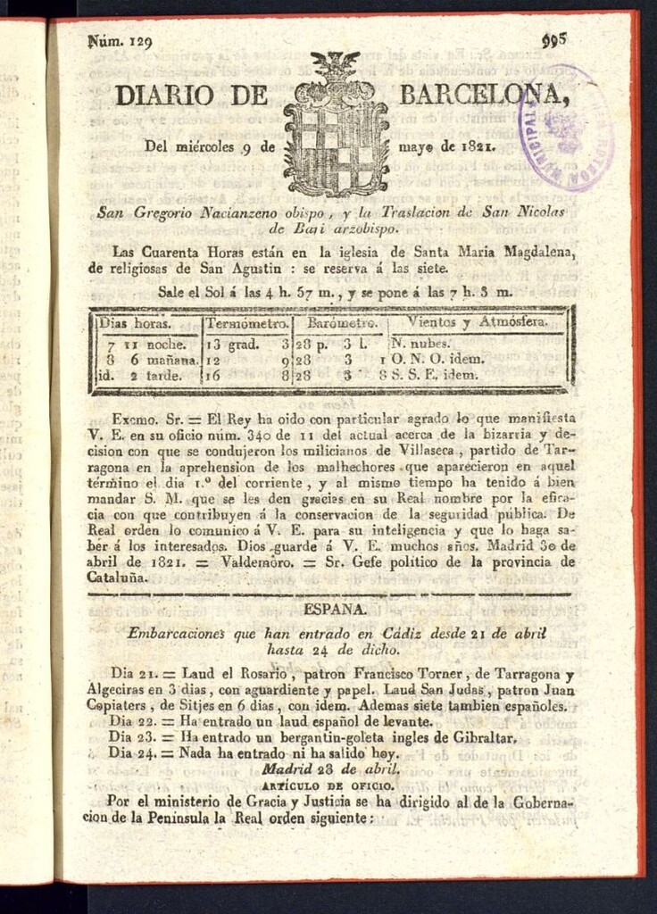 Miniatura de Diario de Barcelona del 9 de mayo de 1821