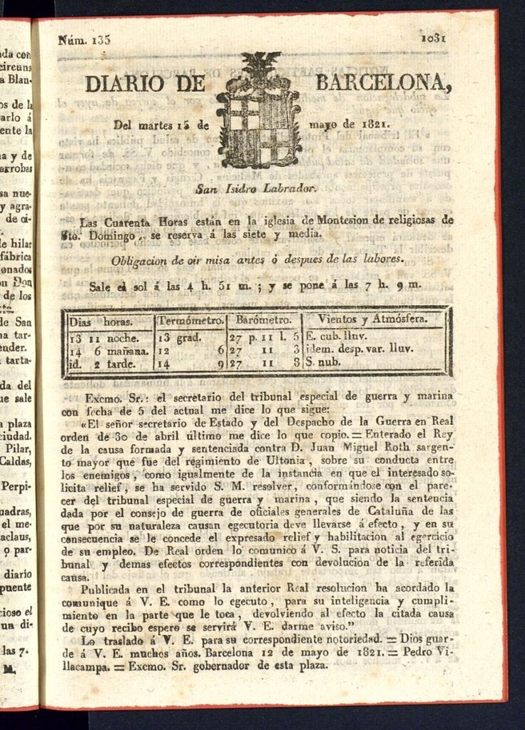 Miniatura de Diario de Barcelona del 15 de mayo de 1821