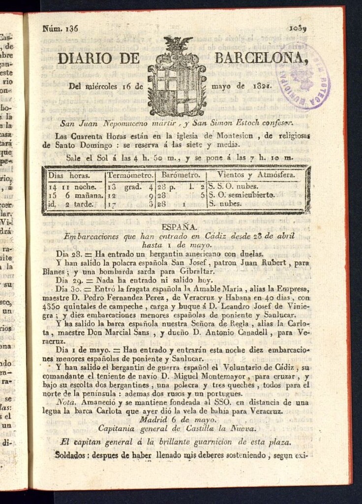 Miniatura de Diario de Barcelona del 16 de mayo de 1821