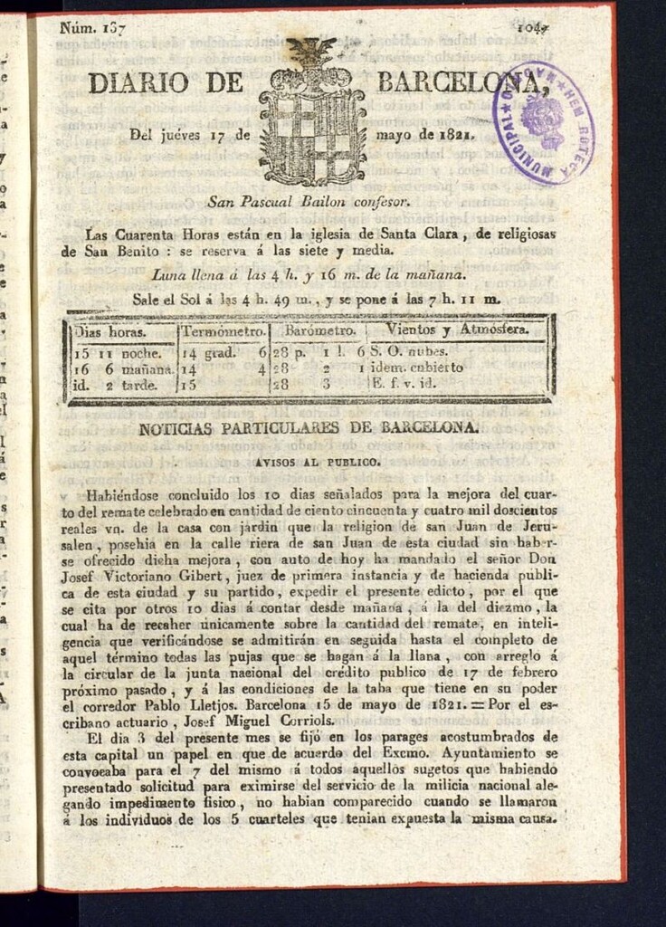 Miniatura de Diario de Barcelona del 17 de mayo de 1821