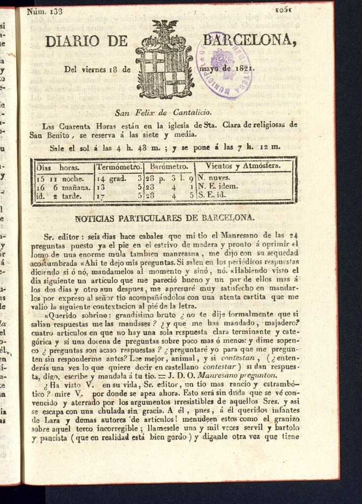 Miniatura de Diario de Barcelona del 18 de mayo de 1821