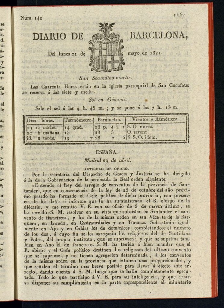 Miniatura de Diario de Barcelona del 21 de mayo de 1821