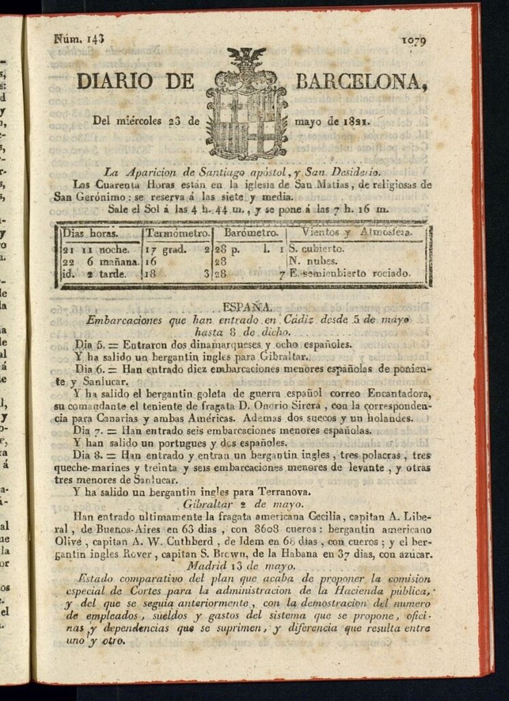 Miniatura de Diario de Barcelona del 23 de mayo de 1821