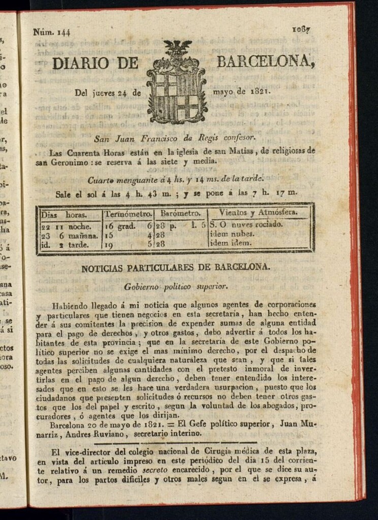 Miniatura de Diario de Barcelona del 24 de mayo de 1821
