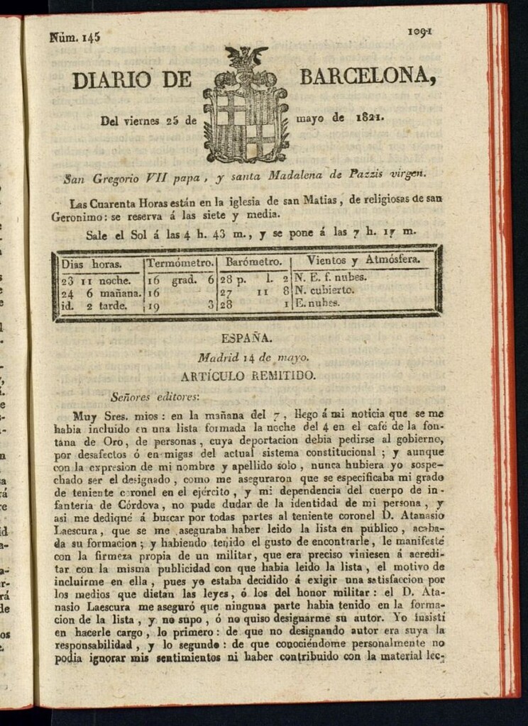 Miniatura de Diario de Barcelona del 25 de mayo de 1821