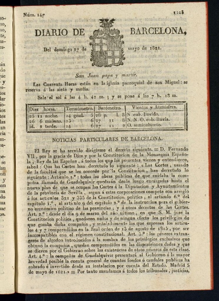 Miniatura de Diario de Barcelona del 27 de mayo de 1821