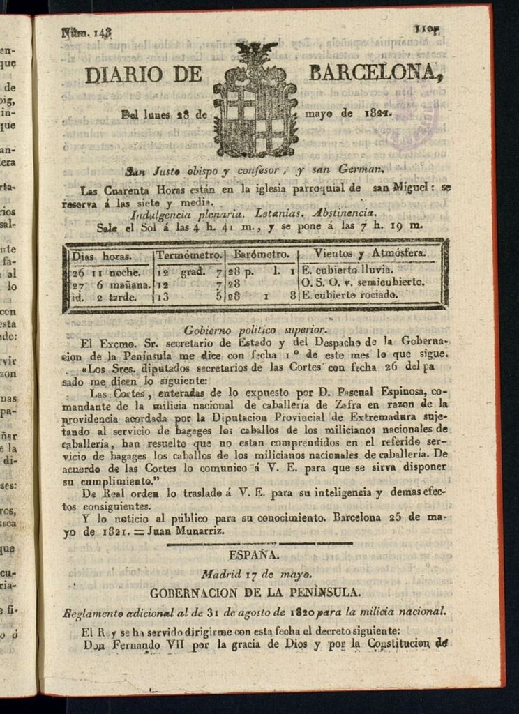 Miniatura de Diario de Barcelona del 28 de mayo de 1821