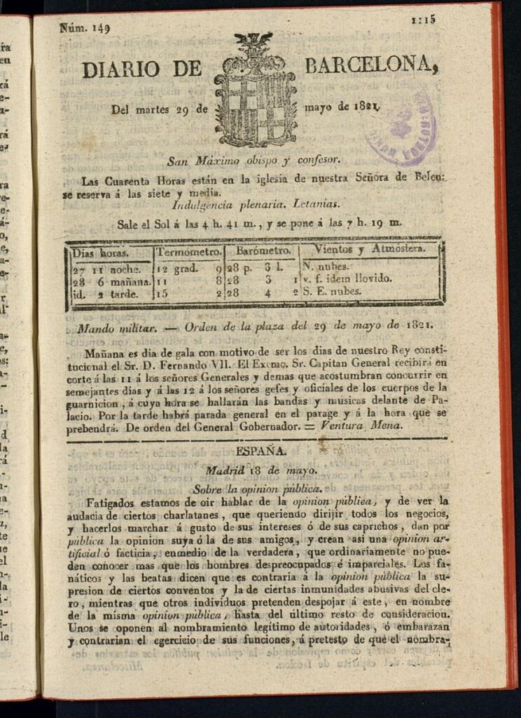 Miniatura de Diario de Barcelona del 29 de mayo de 1821