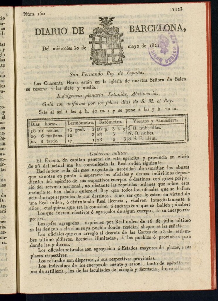 Miniatura de Diario de Barcelona del 30 de mayo de 1821