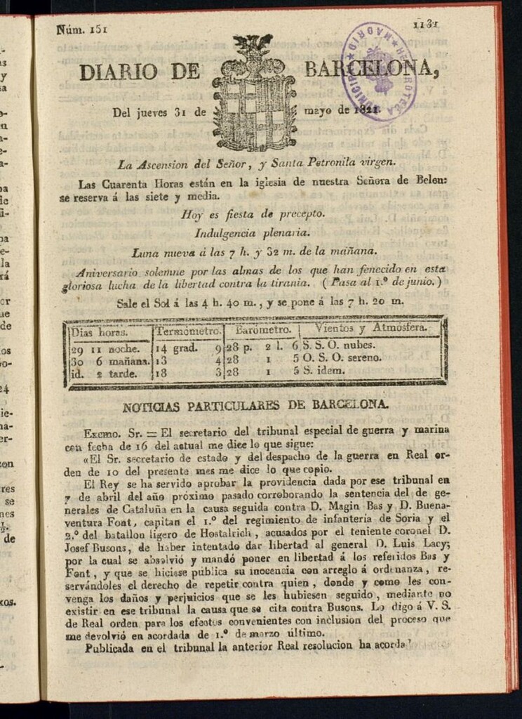 Miniatura de Diario de Barcelona del 31 de mayo de 1821