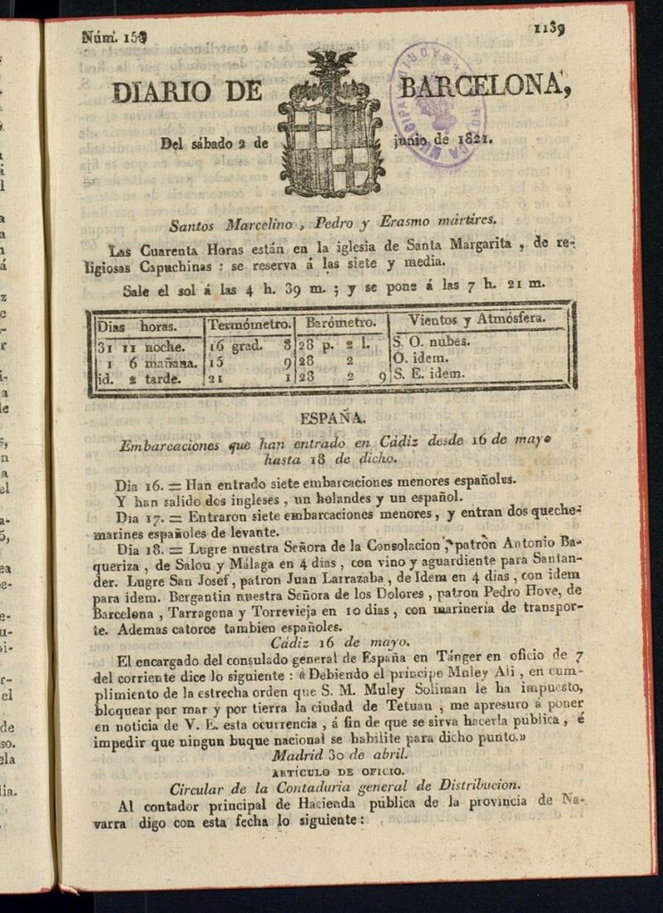 Miniatura de Diario de Barcelona del 2 de junio de 1821