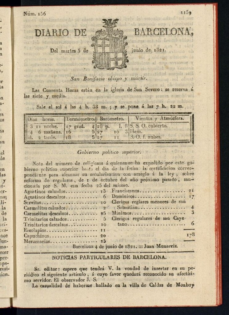 Miniatura de Diario de Barcelona del 5 de junio de 1821