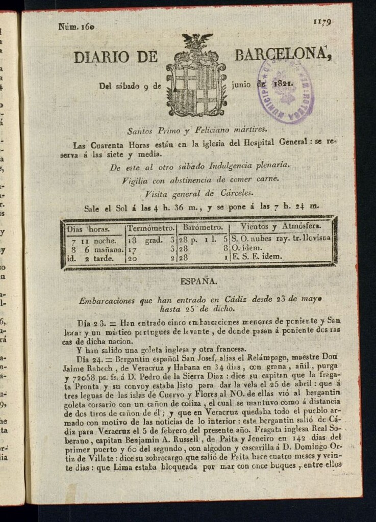 Miniatura de Diario de Barcelona del 9 de junio de 1821