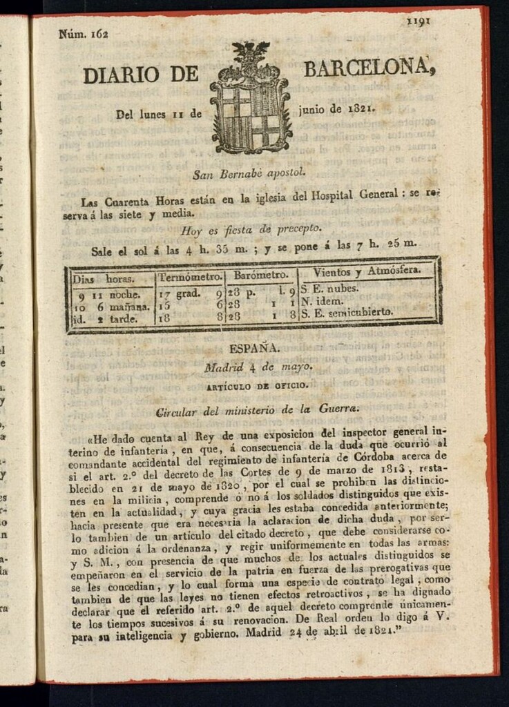 Miniatura de Diario de Barcelona del 11 de junio de 1821