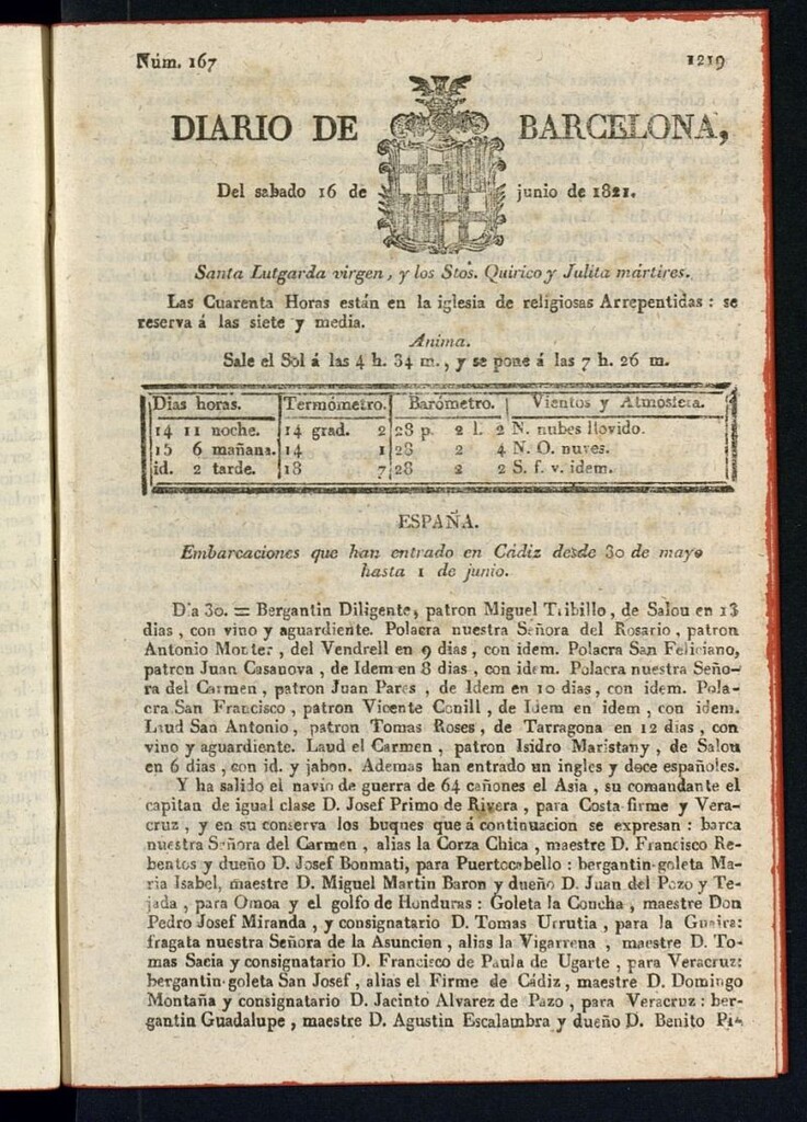 Miniatura de Diario de Barcelona del 16 de junio de 1821