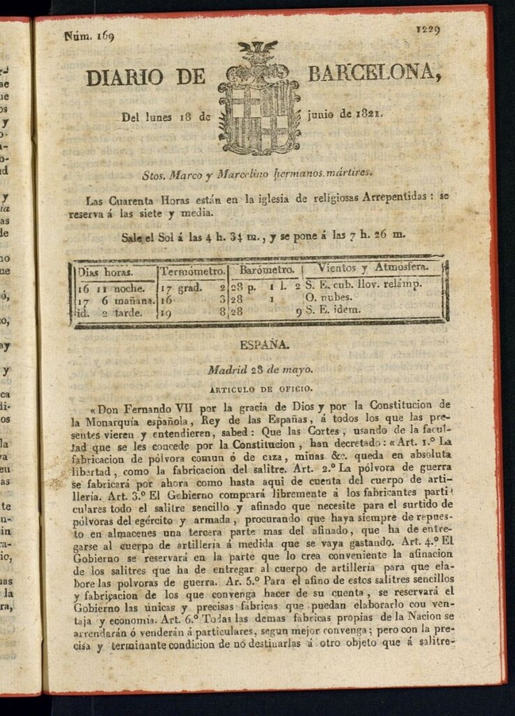 Miniatura de Diario de Barcelona del 18 de junio de 1821