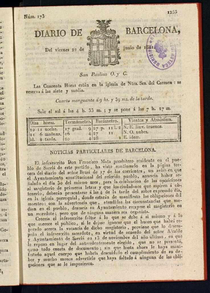 Miniatura de Diario de Barcelona del 22 de junio de 1821