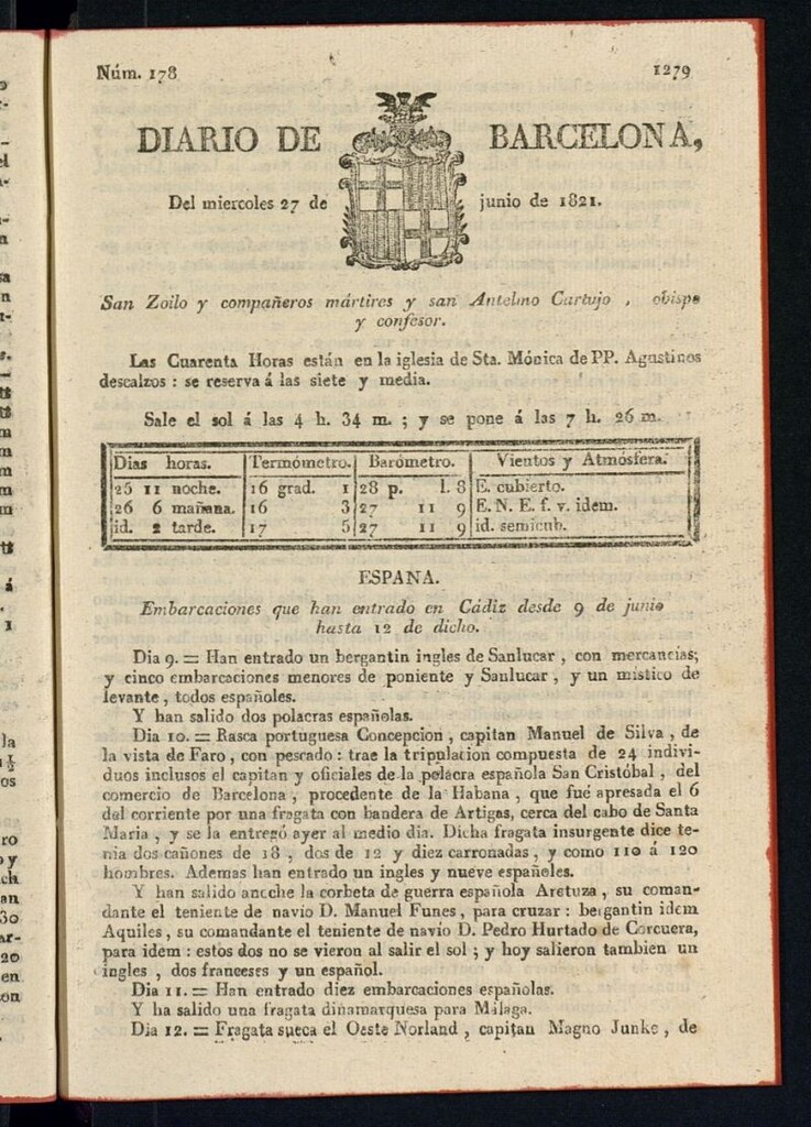 Miniatura de Diario de Barcelona del 27 de junio de 1821