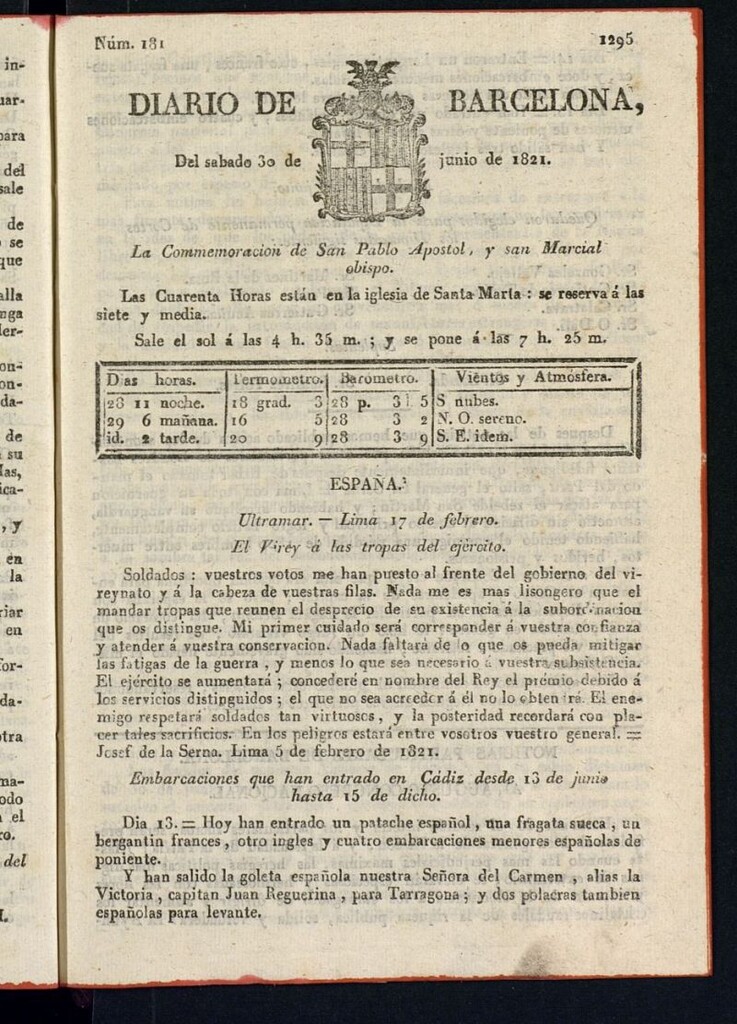 Miniatura de Diario de Barcelona del 30 de junio de 1821
