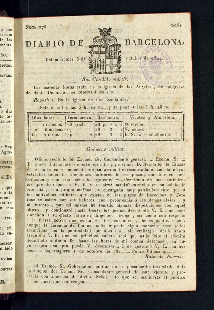 Miniatura de Diario de Barcelona del 3 de octubre de 1821