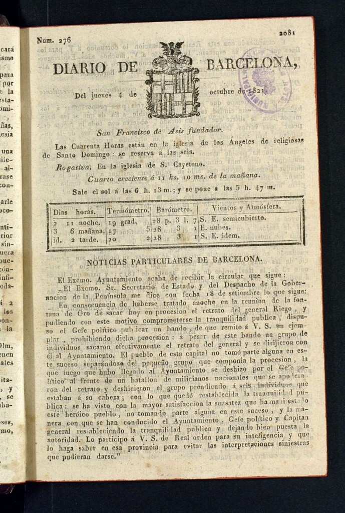 Miniatura de Diario de Barcelona del 4 de octubre de 1821
