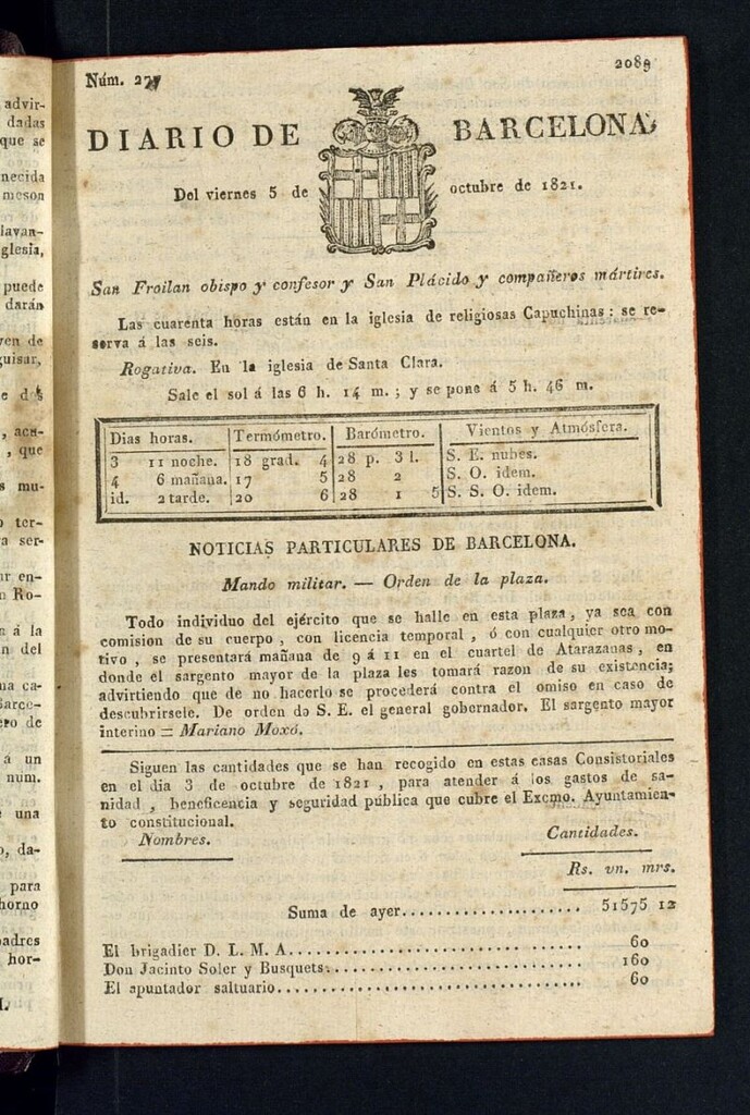 Miniatura de Diario de Barcelona del 5 de octubre de 1821