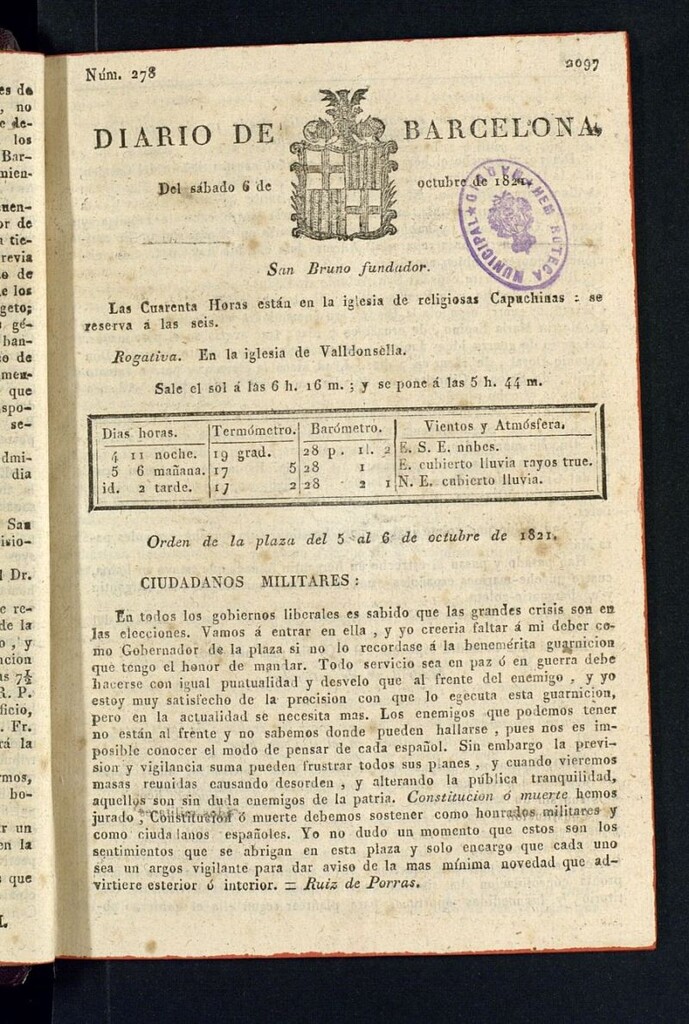 Miniatura de Diario de Barcelona del 6 de octubre de 1821