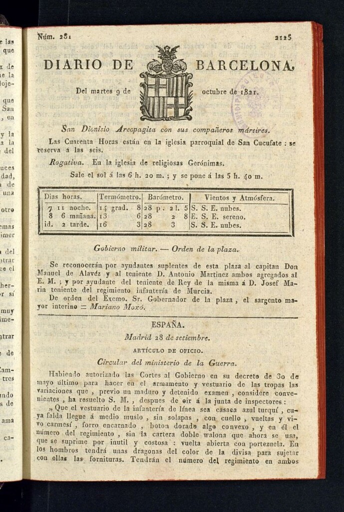 Miniatura de Diario de Barcelona del 9 de octubre de 1821