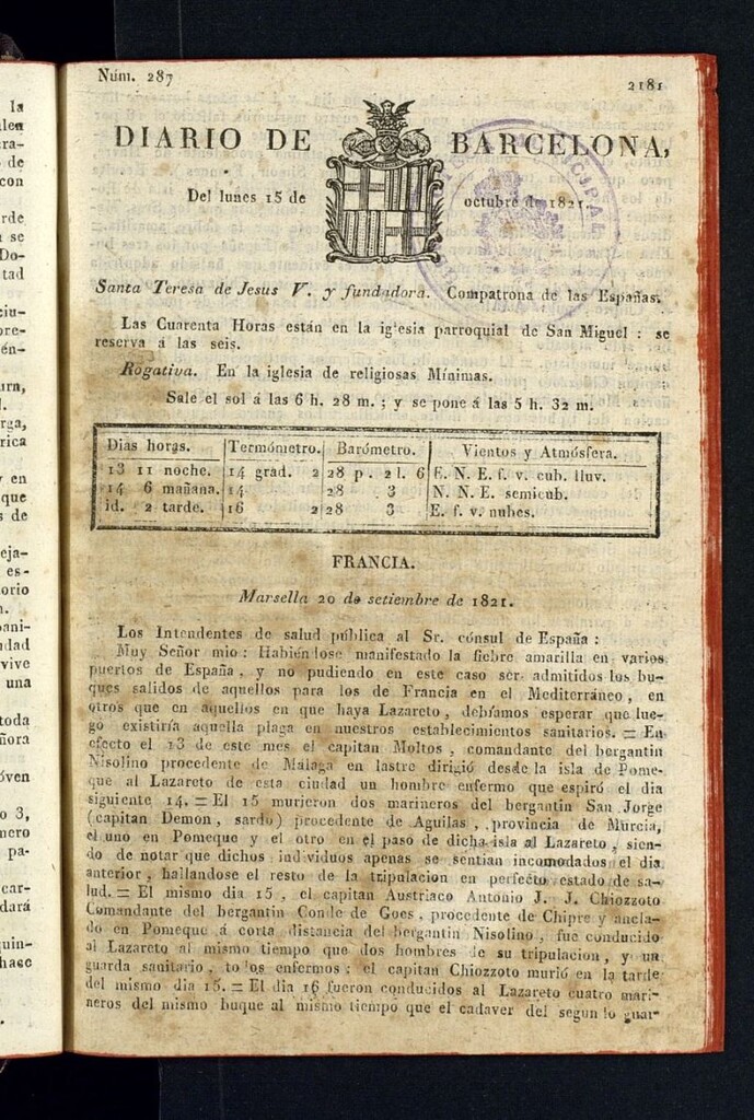 Miniatura de Diario de Barcelona del 15 de octubre de 1821