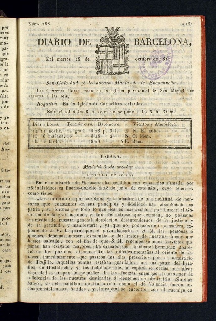 Miniatura de Diario de Barcelona del 16 de octubre de 1821