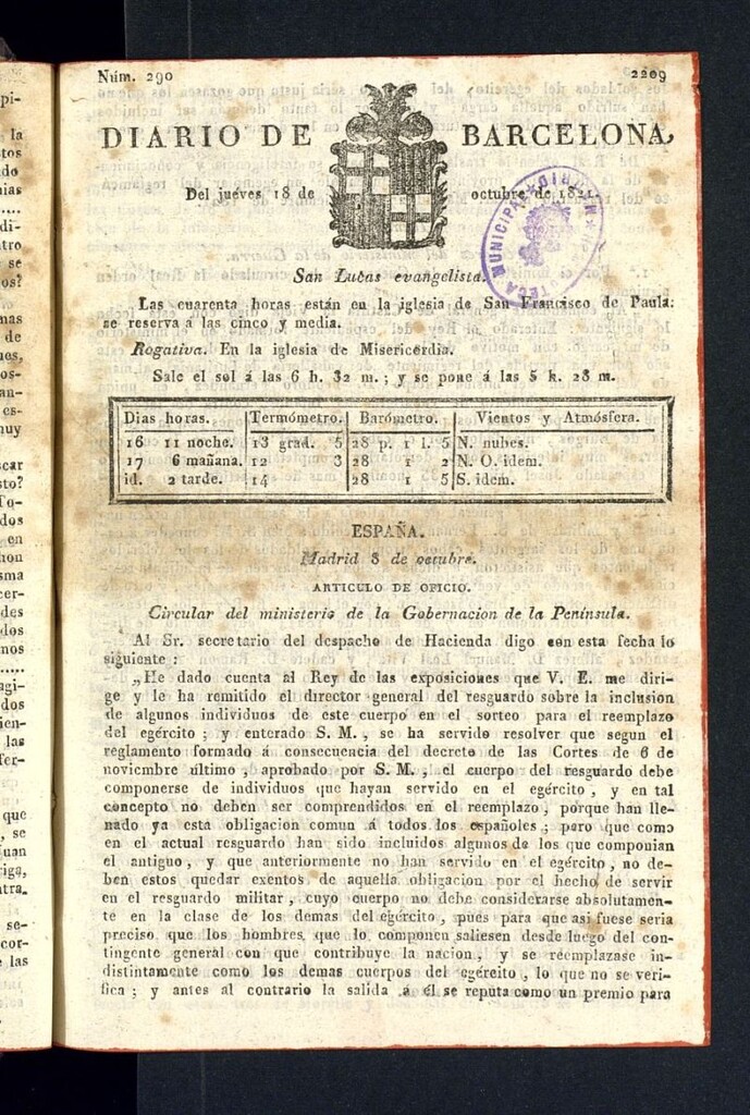 Miniatura de Diario de Barcelona del 18 de octubre de 1821