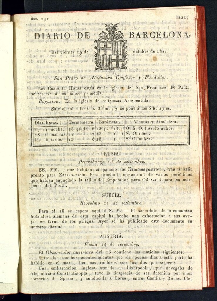 Miniatura de Diario de Barcelona del 19 de octubre de 1821