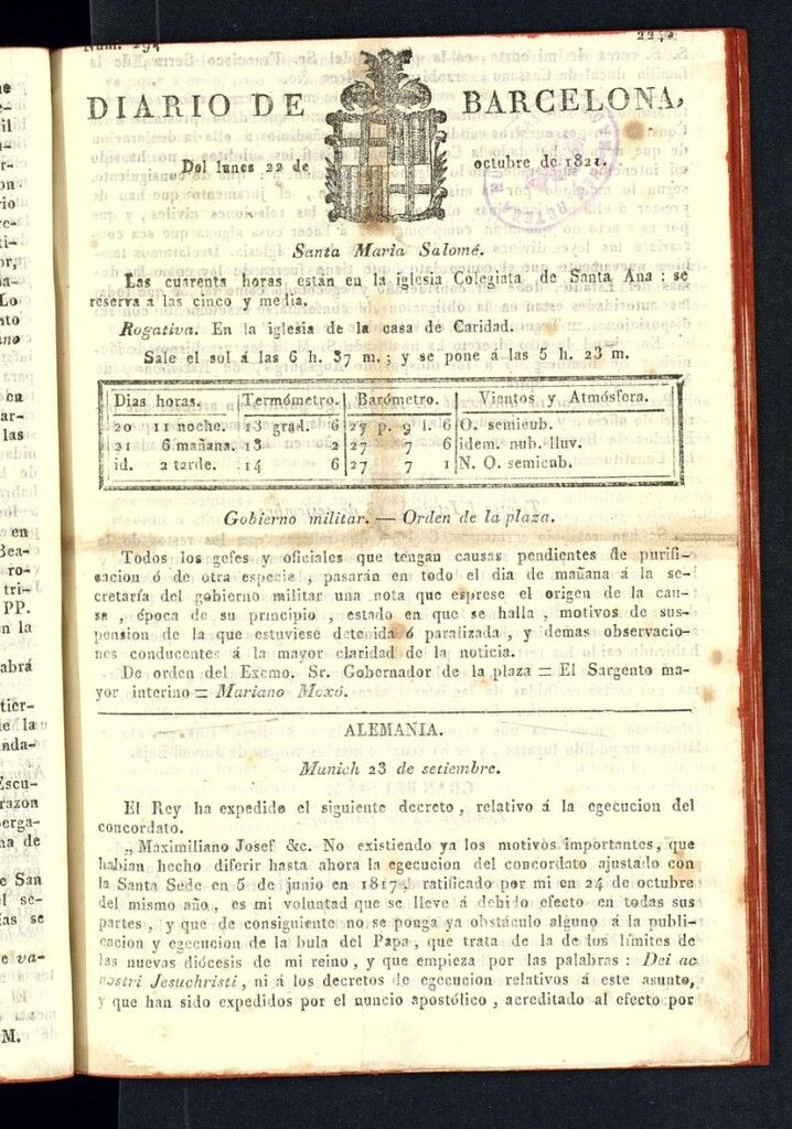 Miniatura de Diario de Barcelona del 22 de octubre de 1821