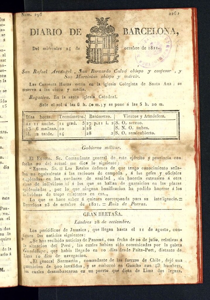 Miniatura de Diario de Barcelona del 24 de octubre de 1821