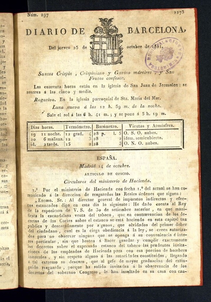 Miniatura de Diario de Barcelona del 25 de octubre de 1821