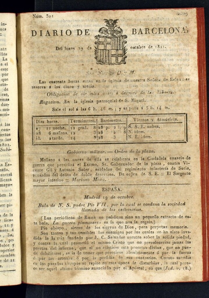 Miniatura de Diario de Barcelona del 29 de octubre de 1821