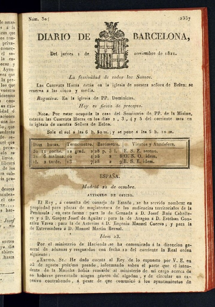 Miniatura de Diario de Barcelona del 1 de noviembre de 1821