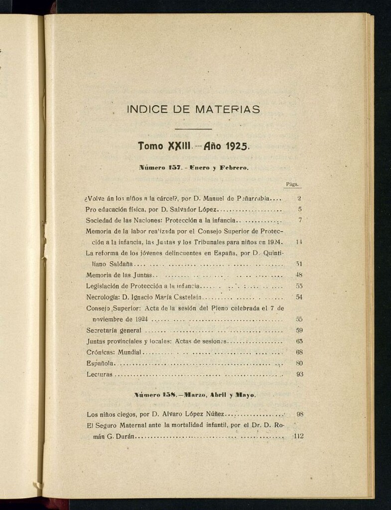 Miniatura de Pro Infantia : boletín del Consejo Superior de Protección a la Infancia y Represión de la Mendicidad de 1925. Índices