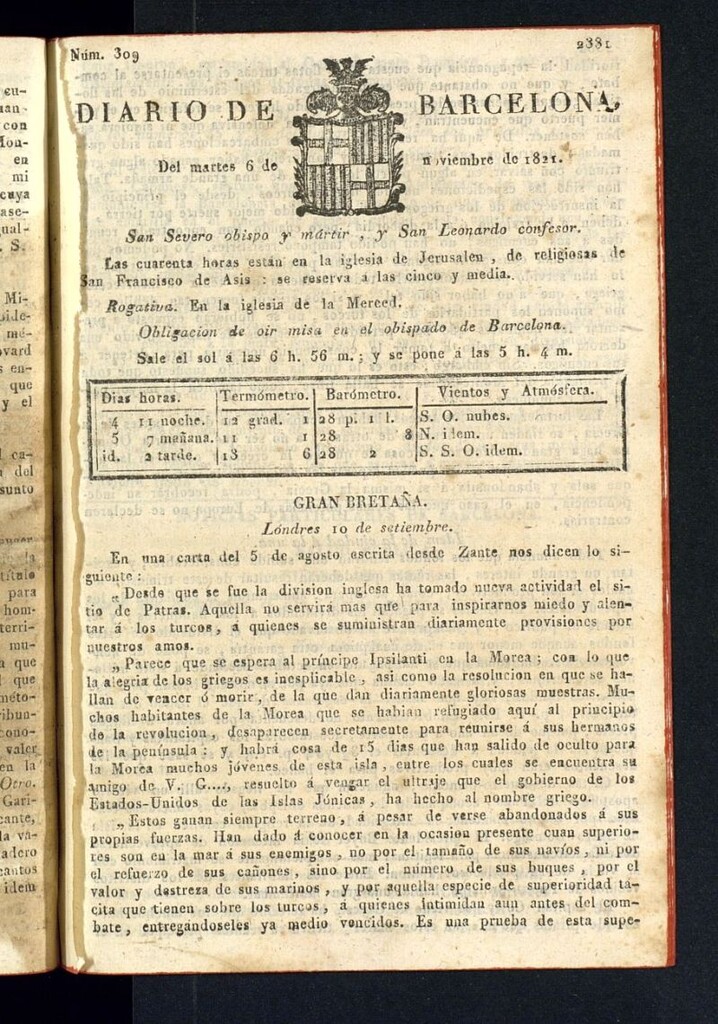 Miniatura de Diario de Barcelona del 6 de noviembre de 1821