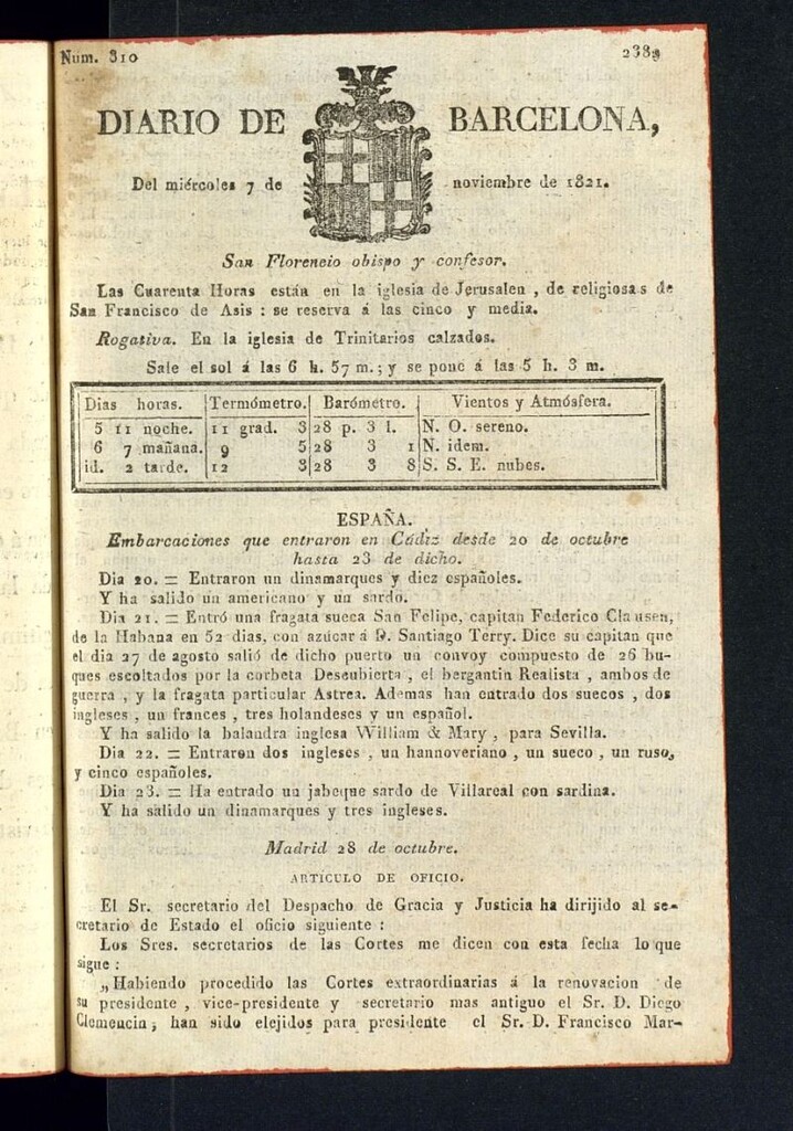 Miniatura de Diario de Barcelona del 7 de noviembre de 1821