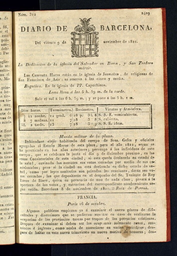 Miniatura de Diario de Barcelona del 9 de noviembre de 1821