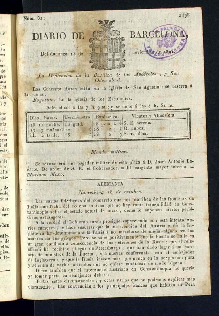 Miniatura de Diario de Barcelona del 18 de noviembre de 1821