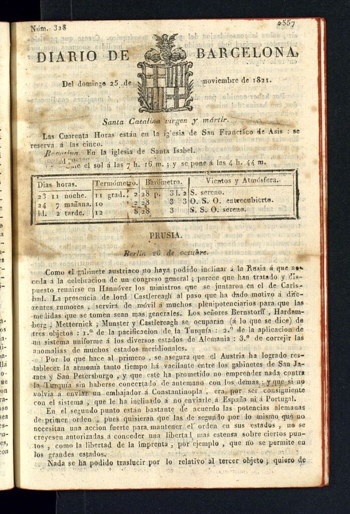 Miniatura de Diario de Barcelona del 25 de noviembre de 1821