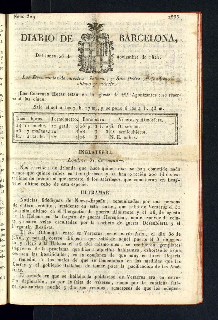 Miniatura de Diario de Barcelona del 26 de noviembre de 1821
